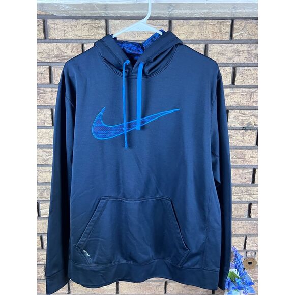 Nike Hoodie Mens Large Blue Therma Fit Sweatshirt‎ Swoosh Logo Pullover Sweater - Picture 1 of 9